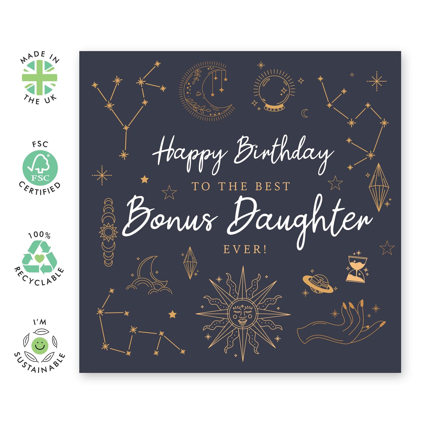 Birthday Greeting Card - 'BONUS DAUGHTER CELESTIAL' - Perfect for Celebrating a Special Day with Love and Wonder - Ideal for Bonus Daughters Family Members - Comes With Stickers By Central 23