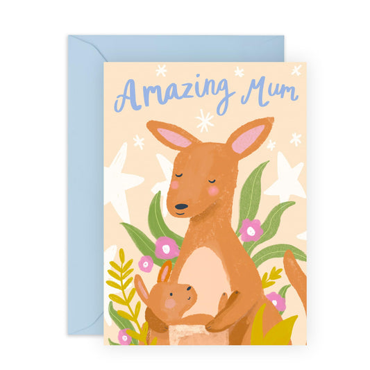 Mum Greeting Card - Amazing Mum Kangaroo - Thank You Card For Her, Mummy, Mam, Mama, Wife, Women From Son Daughter Husband - Appreciation - Mothers Day Card -Comes With Stickers