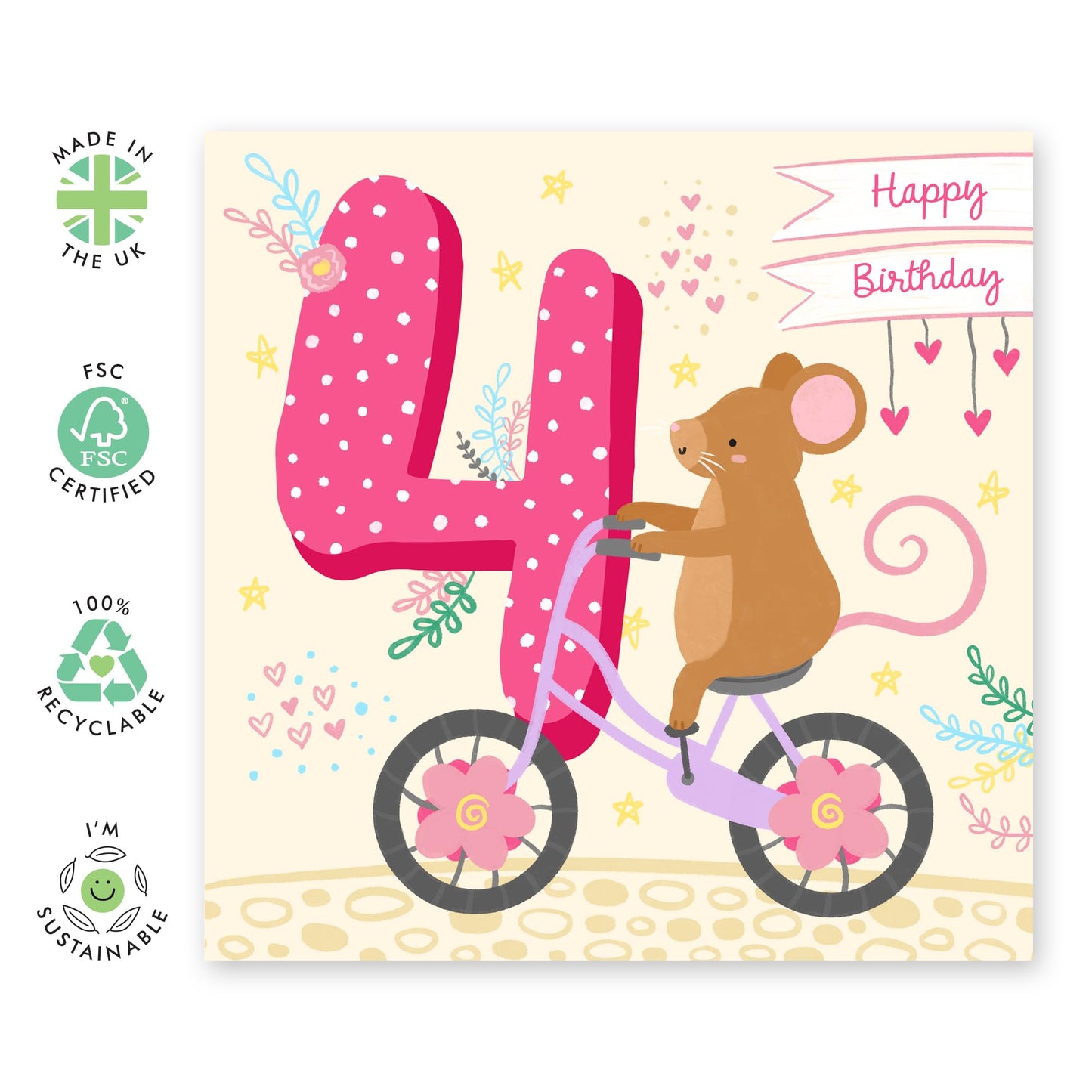4th Birthday Card For Girls Boys - Happy Birthday Card For Daughter Age Four - Pink Hearts Mouse - Fourth Bday Gifts For Son Granddaughter - Comes With Cute Stickers - By Central 23