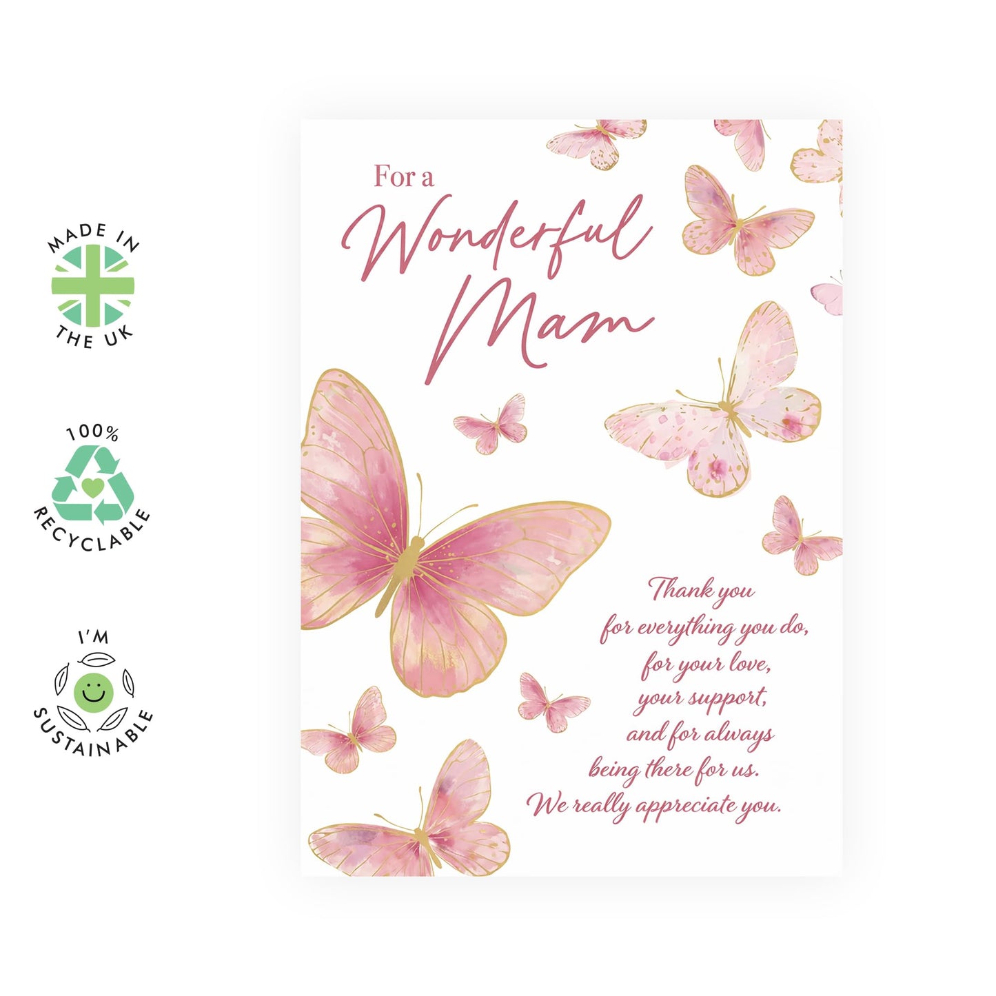 Mam Mother’s Day Card – Thank You, Pink Butterfly Design for Mum Her Mama Mummy From Son Daughter Family – Sweet Appreciation Greeting - Comes with Thoughtful Stickers