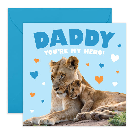 Heartfelt Greeting Card - 'DADDY YOU'RE MY HERO LION' - Perfect for Fathers - Ideal for Father's Day or Any Special Occasion - Adds a Roaring Touch of Appreciation - Comes With Stickers By Central 23