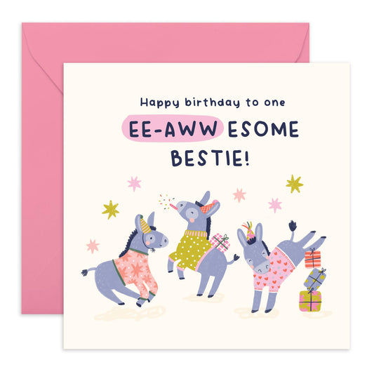 Donkey Party Birthday Card- 'Eee-Awesome Birthday Bestie' - Gifts for BFF, Best Friend, Her - Enjoy - Comes with Fun Stickers