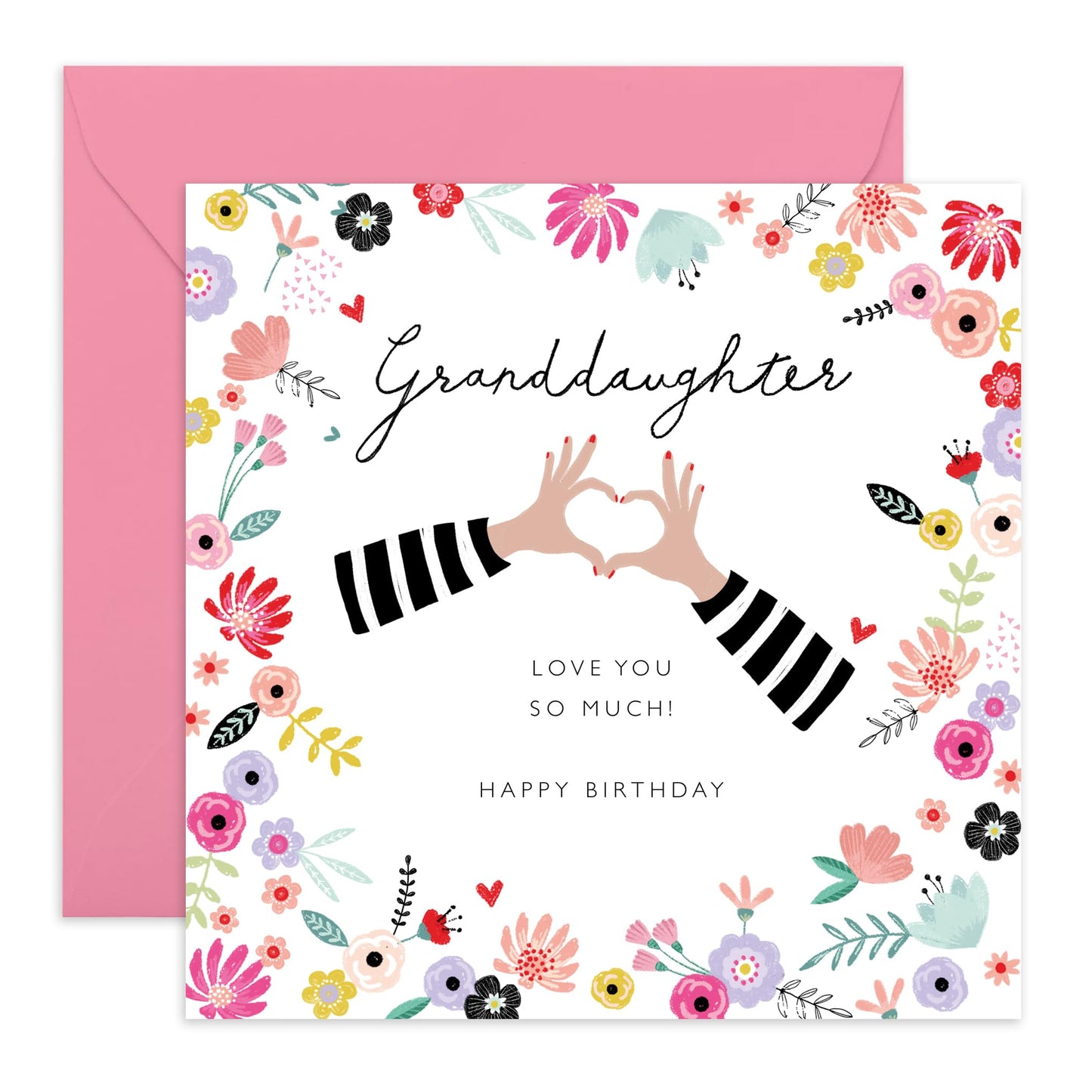 Granddaughter Birthday Card For Her - Heart Hands And Flower Cards - Floral Birthday Cards For Girls Teens - Granddaughter Gifts For Women - Comes With Fun Stickers By Central 23
