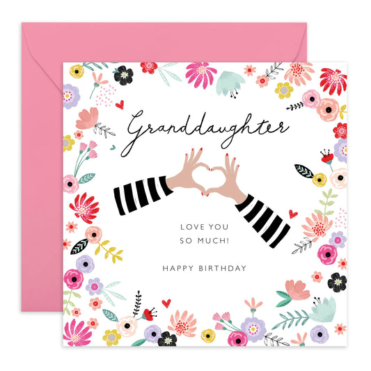 Granddaughter Birthday Card For Her - Heart Hands And Flower Cards - Floral Birthday Cards For Girls Teens - Granddaughter Gifts For Women - Comes With Fun Stickers By Central 23