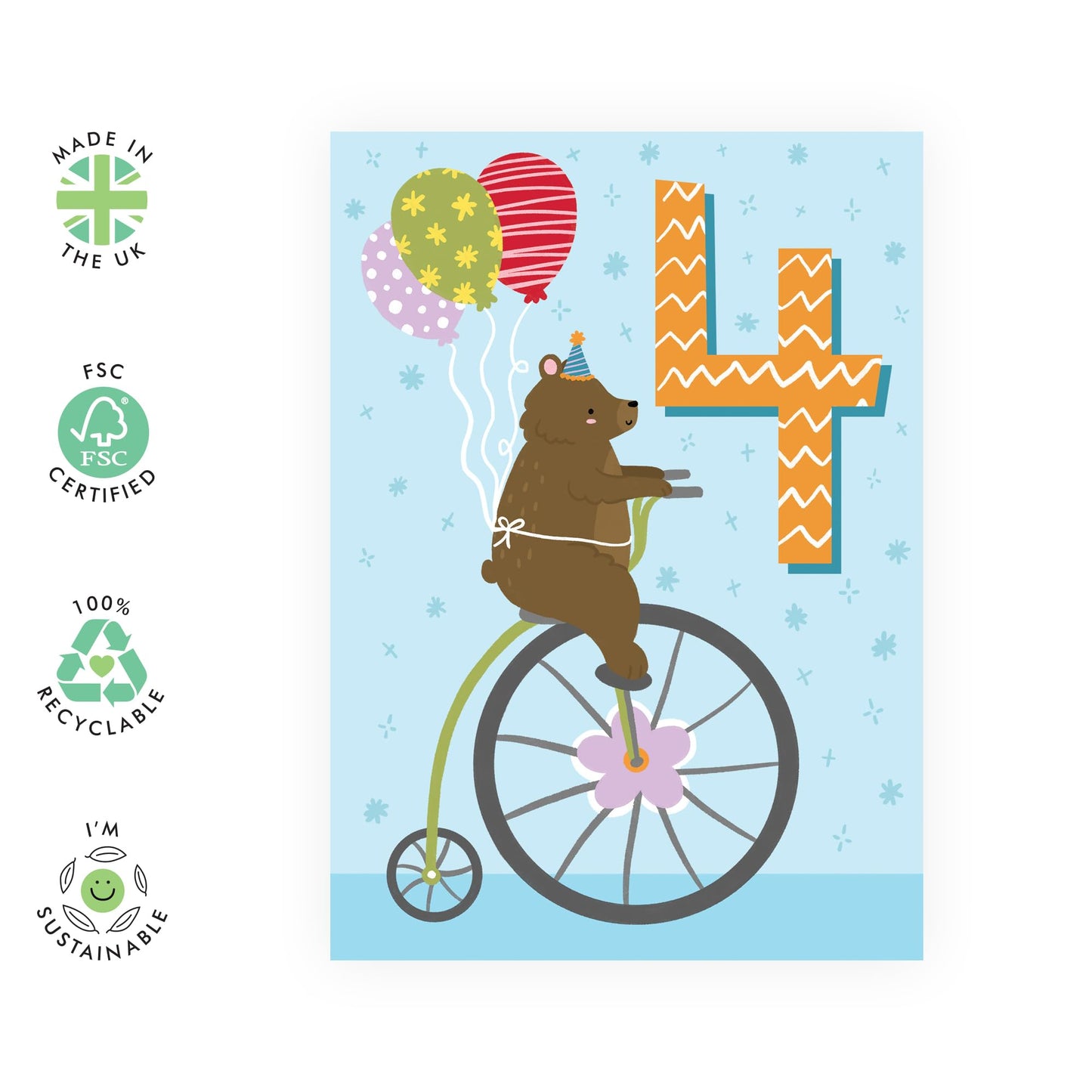 4th Birthday Card Boys Girls- Bear Age 4 Birthday - Baby Milestone Cards Age Four - Forth Birthday Cards - Animal - Gifts For Son Daughter Niece Nephew - Comes With Stickers By Central