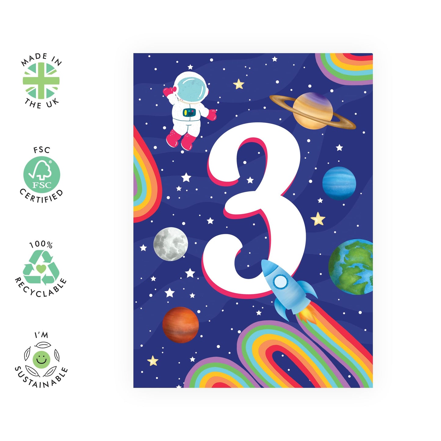 3rd Birthday Card Boys Girls - 3 Space - Baby Milestone Cards Age Three - Third Birthday Cards - Astronaut - Gifts For Son Daughter Niece Nephew - Comes With Sticker By Central 23