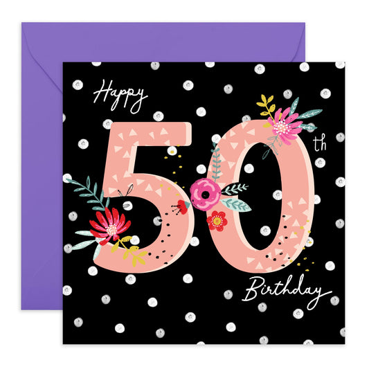 50th Birthday Card For Mummy - 50th Polka Dot - Mum Birthday Card - Wife Sister - Happy Fiftieth Birthday Greeting Card Female Friends - Gift For Aunt Auntie - Comes With Fun Stickers By Central 23