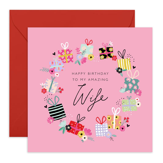 Happy Birthday Wife Cards And Envelopes - Pink Gifts Presents - Pretty Wife Birthday Card For Her Women - Sweet Greeting Cards From Husband - Comes With Cute Stickers By Central 23