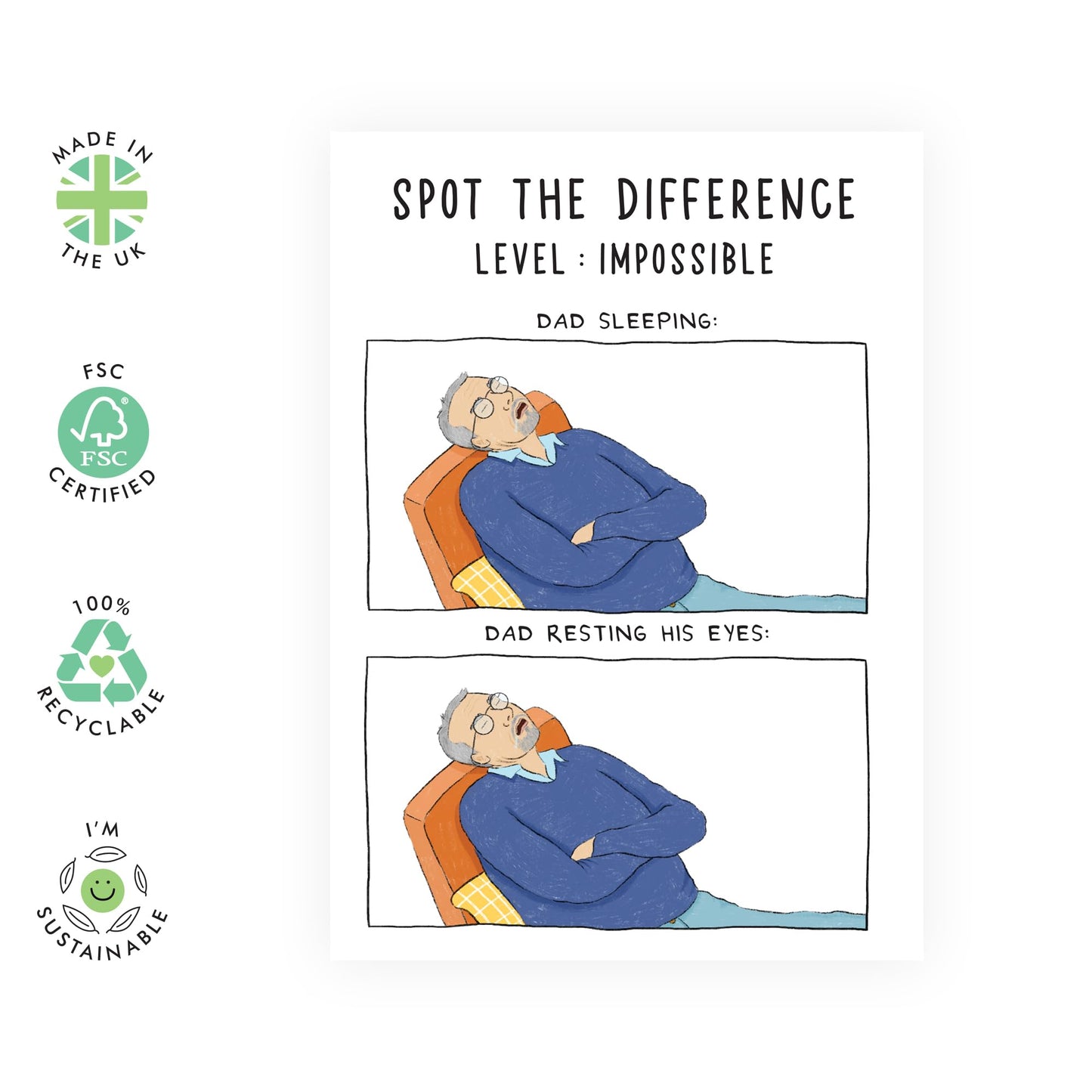 Funny Dad Jokes Greeting Card – Spot the Difference – Birthdays, Father's Day, Retirement Gifts for Him, Father, Papa, Old Man, Pops, Men, Daddy - Sleeping - Comes with Fun Stickers