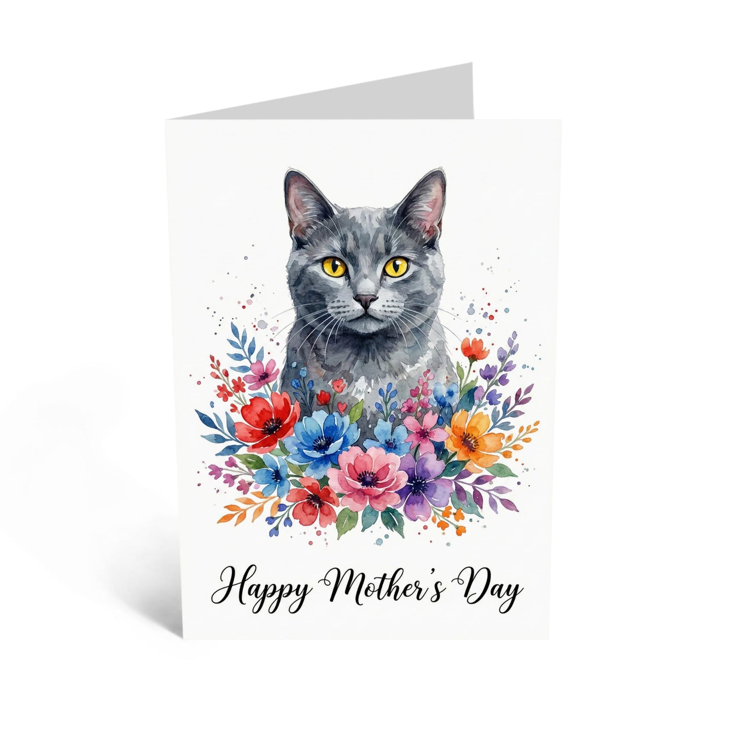 Funny Mother’s Day Card from the Cat - Cute Watercolor Grey Cat Floral Greeting Card for Cat Mum - Whimsical Birthday Card for Her - Made in UK - Includes Premium White Envelope