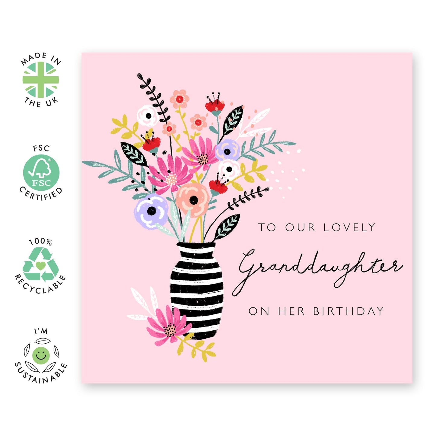 Floral Birthday Cards For Granddaughter - Flower Bouquet Card For Her - Pink Happy Birthday Card For Women Girls Female - Pretty Granddaughter Gifts - Comes With Fun Stickers - By Central 23