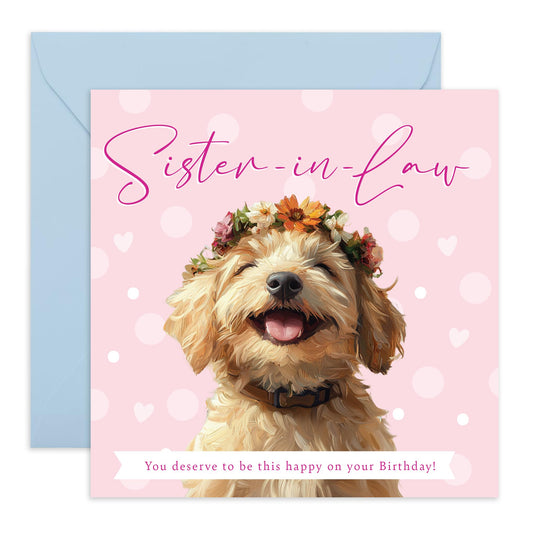 Smiling Pet Birthday Card - 'Hope You're This Happy Sister Law' - Gifts for In-Laws, Sis, Sisters, Husband's Sister, Family, Her, Ladies, Fur Mum - Floral and Dog - Comes with Fun Stickers