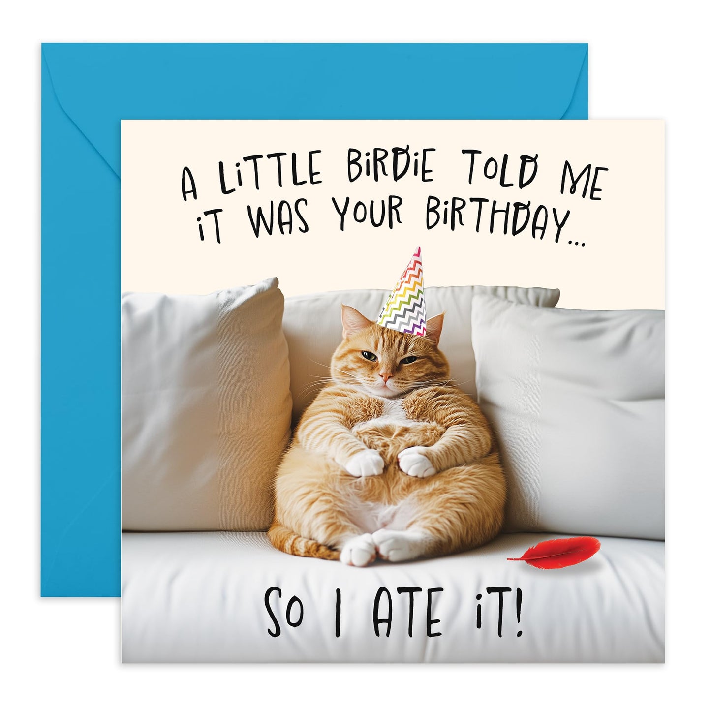 Hilarious Birthday Card for Him or Her - 'Little Birdie Birthday Cat' - Gifts for Friends, Women, Men, Dad, Brother, Boyfriend, Colleagues - Cat is Full - Comes with Fun Stickers