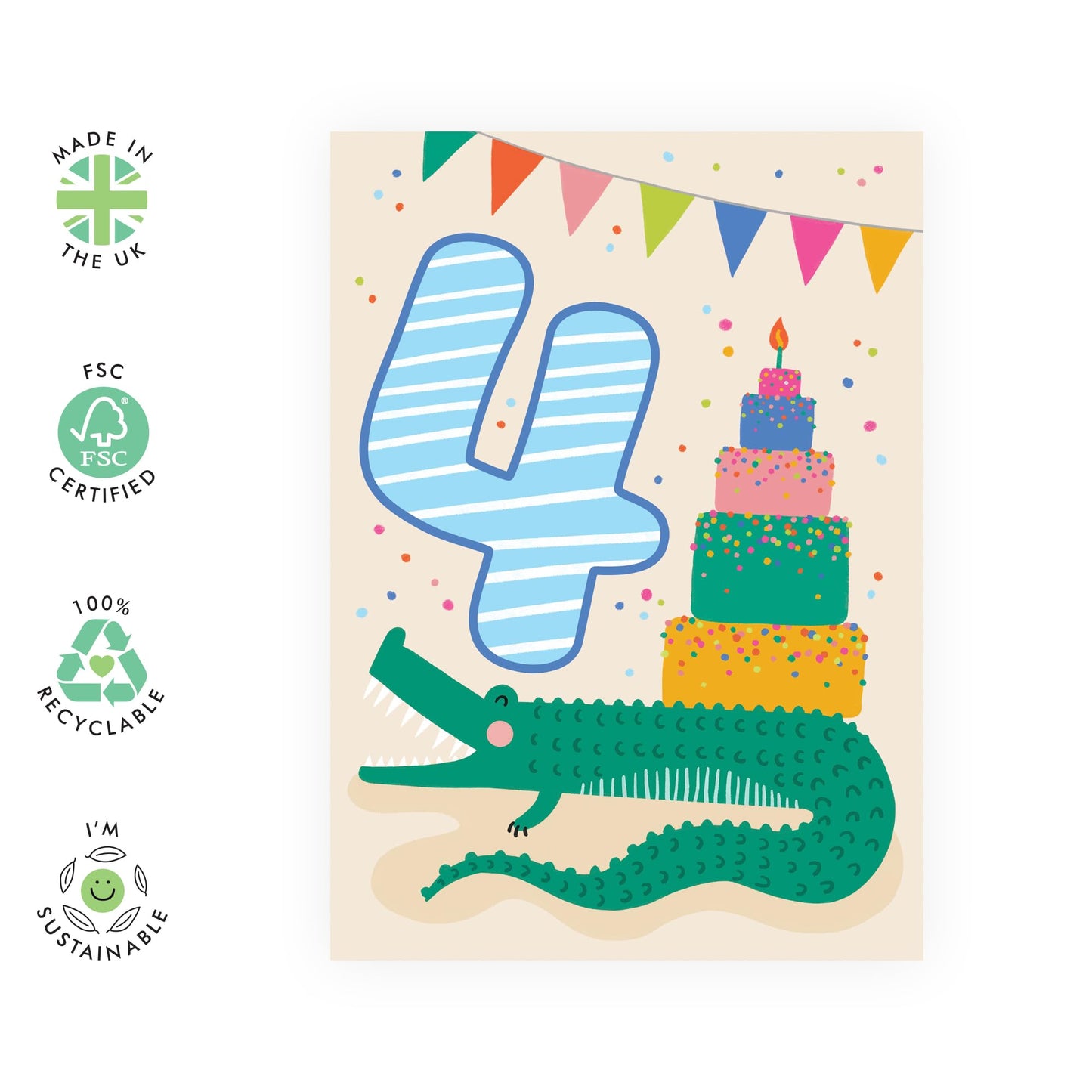 Happy 4th Birthday Card Boy Girl - Bday Cake And Crocodile - Forth Birthday Cards For Kids Baby Toddlers - Gifts For Godson Granddaughter Niece Age Four - Comes With Cute Stickers By Central 23