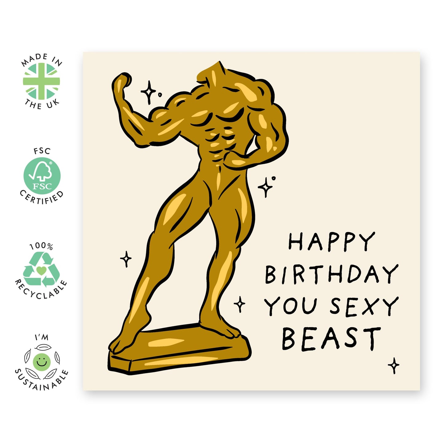 Funny Birthday Card – 'Happy Birthday You Sexy Beast' – Humorous Greeting Card for Him, Partner, Husband, Brother or Friend – For Birthdays with a Cheeky Twist - Comes with Fun Stickers