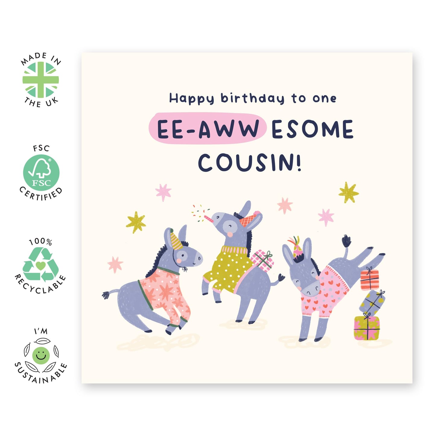 Donkey Party Birthday Card- 'Eee-Awesome Birthday Cousin' - Gifts for Girls, Relatives, Family - Enjoy - Comes with Fun Stickers
