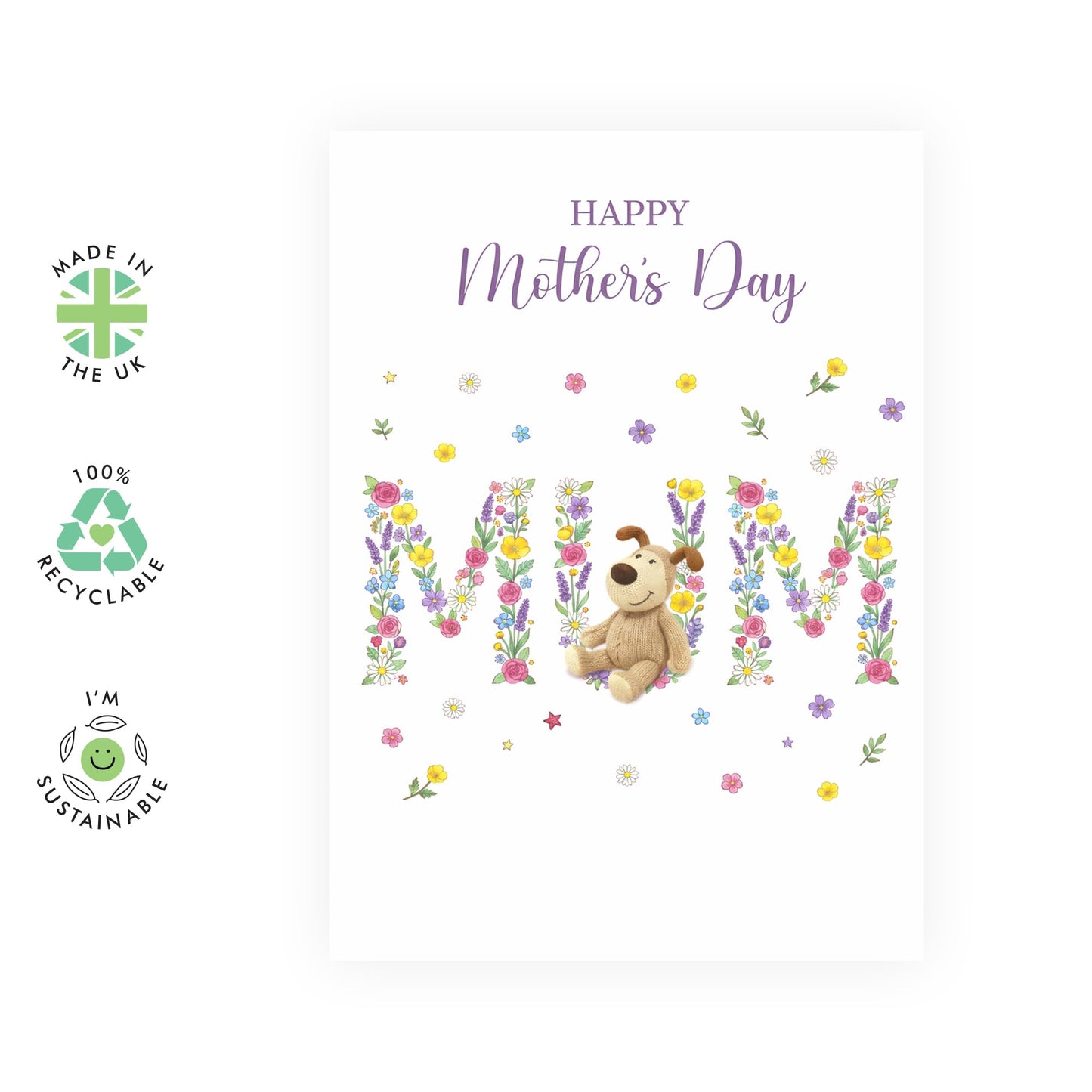 Floral Mother’s Day Card – Mum Cute Puppy Flower Letters - Colourful Greetings for Mums Mummy Mama Wife Her Women Ladies from Children Kids - Comes with Sweet Stickers