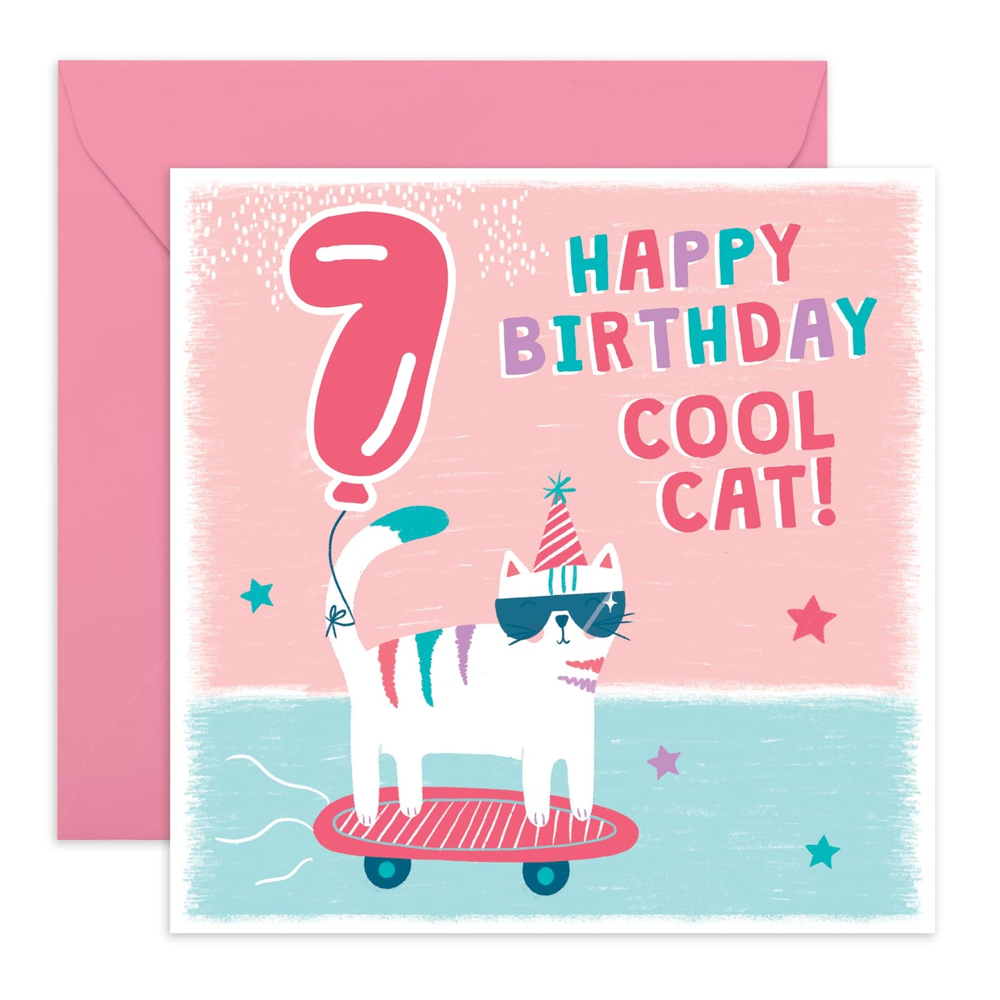 Cat Birthday Card Age Seven - Happy 7th Birthday Card Boy Girl Toddler - Seventh Bday Greeting Cards Milestone - Gifts For Him 7 Year Old Grandson - Comes With Cute Stickers By Central 23