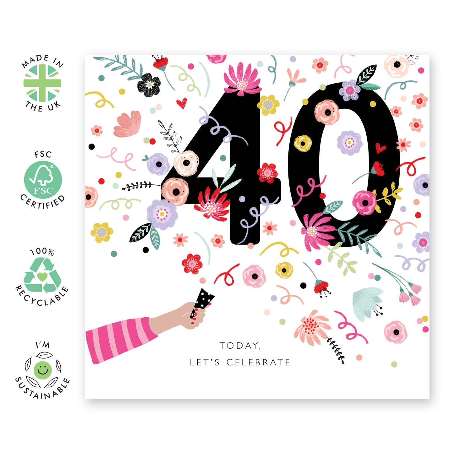 40th Birthday Card For Wife - 40 Floral Confetti - Floral Birthday Card Mum Mummy - Bday Card For Aunt - Happy Fortieth Birthday Greeting Card Female Friends - Comes With Stickers By Central 23