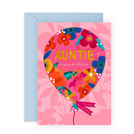 Floral Birthday Card For Auntie - Aunt Birthday Card Pink - Pretty Greeting Cards For Women - Flowers Balloons - Gifts For Women - Comes With Fun Stickers - By Central 23