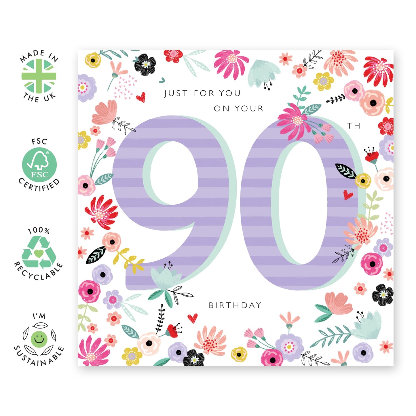 Happy Birthday Card For Her Age Ninety - Just For You - Sweet 90th Birthday Greeting Cards Women - Grandma Birthday Card - Nan Birthday Card For Her - Comes With Stickers By Central 23