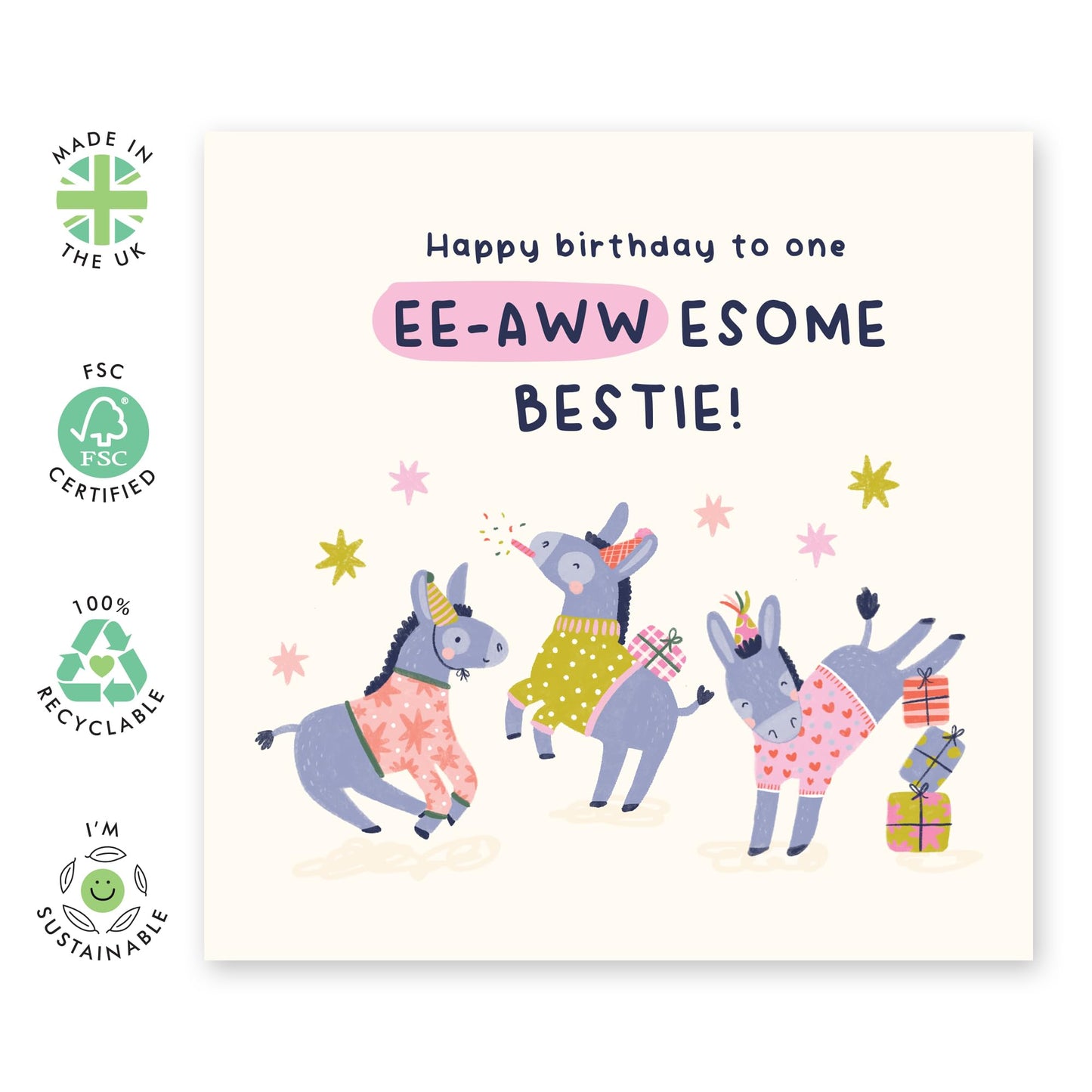 Donkey Party Birthday Card- 'Eee-Awesome Birthday Bestie' - Gifts for BFF, Best Friend, Her - Enjoy - Comes with Fun Stickers