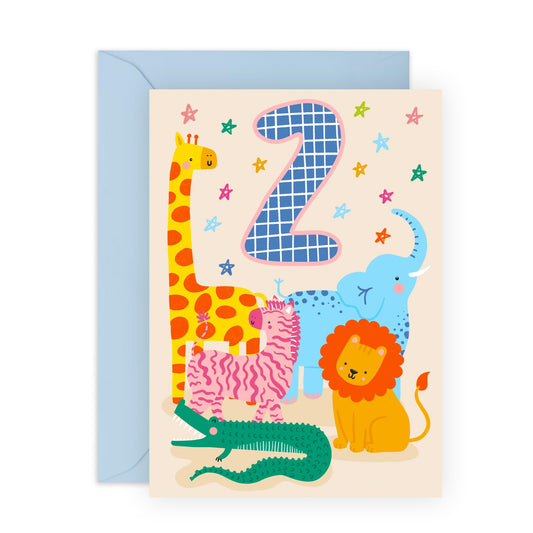 2 Year Old Birthday Card - Cute Safari Animals - Boy Birthday Card Age Two - Happy Birthday Cards For Girls Godson Granddaughter Niece - 2nd Bday Gifts For Kids - Comes With Stickers By Central 23