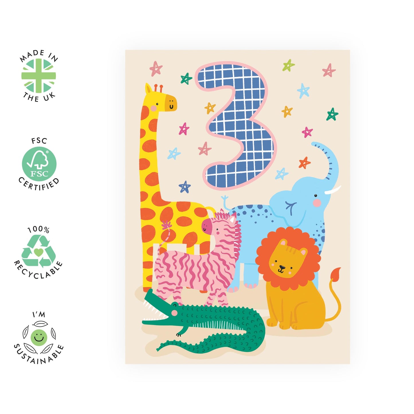 3rd Birthday Card Girl Boy - Cute Safari Animals - Happy Birthday Card Age Three - Happy Birthday Cards For Son Granddaughter Niece - Third Bday Gifts - Comes With Stickers By Central 23
