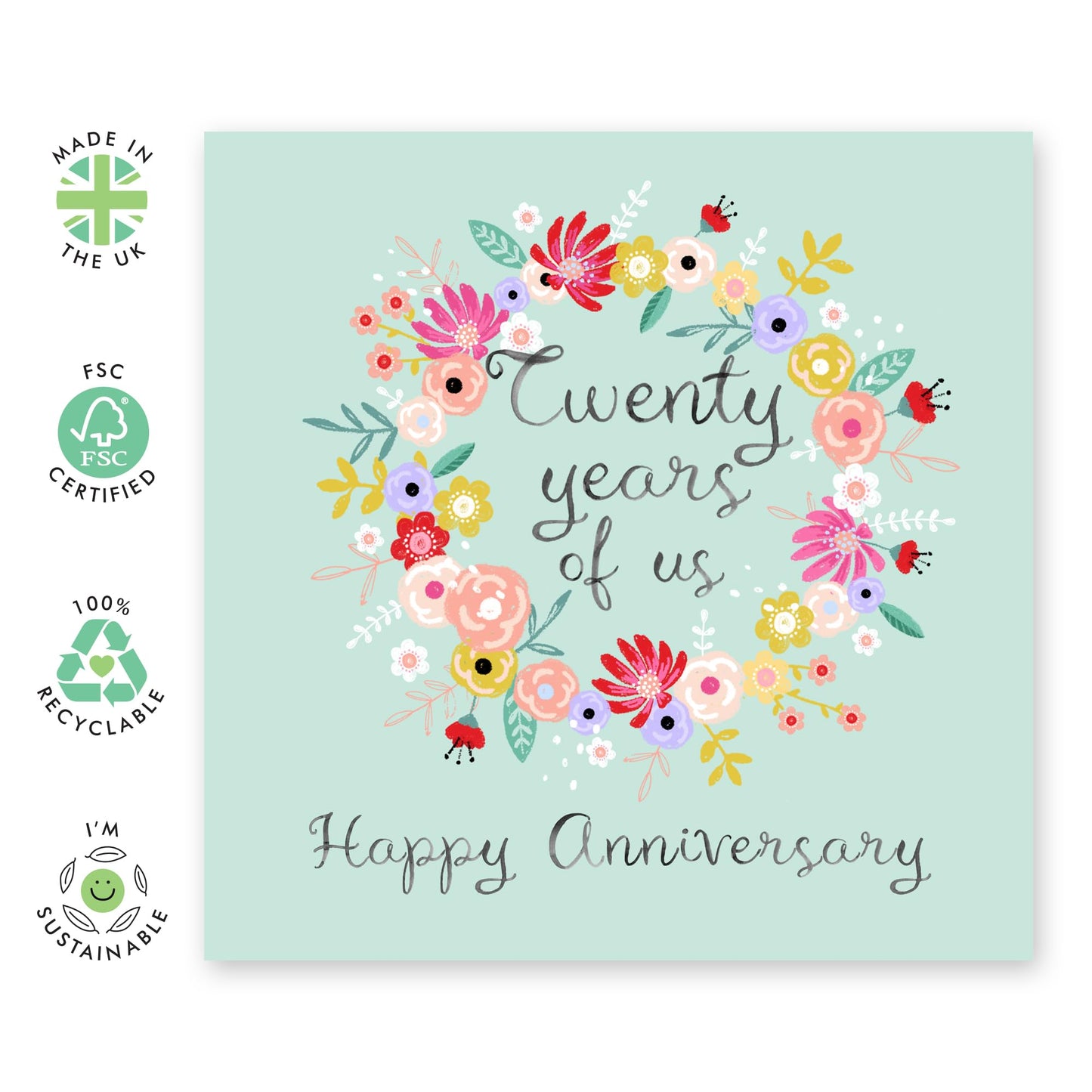 20 Years Anniversary Card Garden - 'Twenty Years Of Us Floral Wreath' - Gifts for Wife, Husband, Spouse, Partner, Other Half, Babe - Full of Flowers - Comes with Fun Stickers
