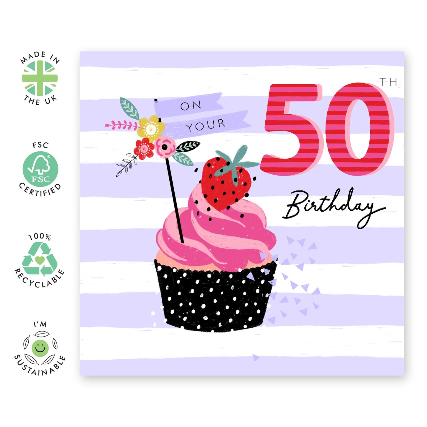 50th Birthday Card For Her - 50th Strawberry Cupcake - Mummy Birthday Card - Wife Mum - Happy Fiftieth Birthday Greeting Card Sister Friends - Gift For Women - Comes With Fun Stickers By Central 23