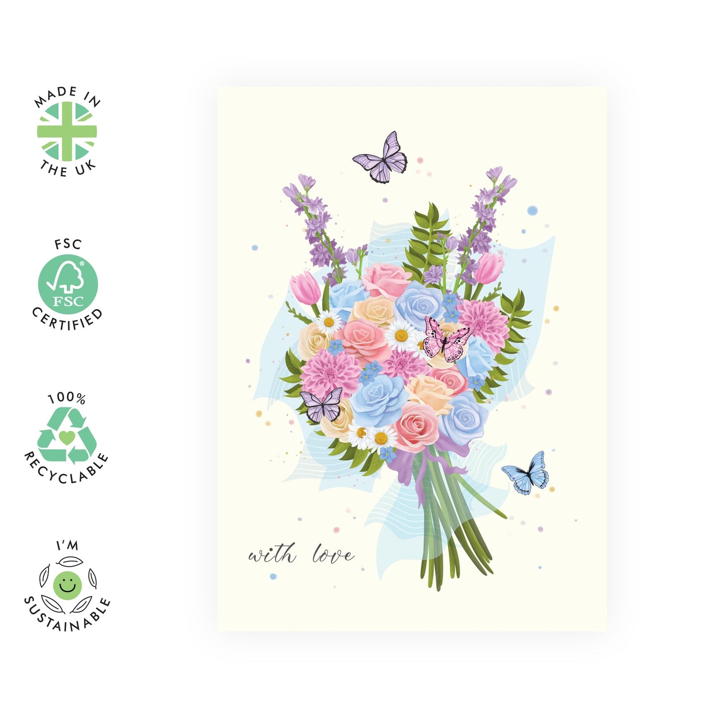 Flower Bouquet Card For Women - Butterfly Birthday Card For Her - Love Cards And Envelopes - Floral Greeting Cards For Mother's Day Valentine Anniversary Sympathy - Comes With Stickers - By Central 23