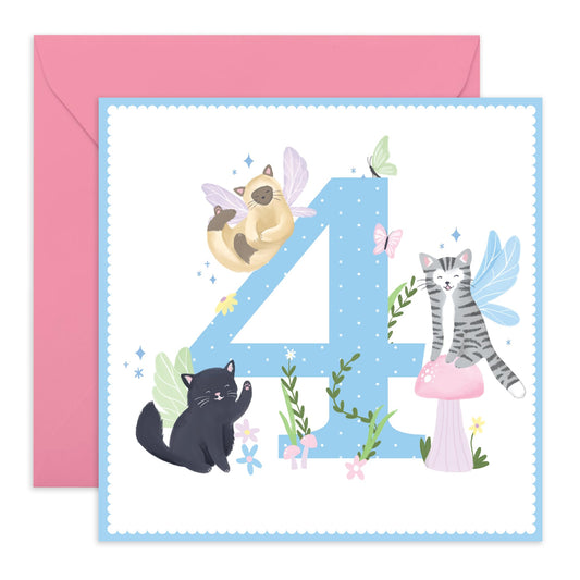 4 Year Old Girl Birthday Card - Fairy Cat 4 Years - Happy Birthday Card For Kids Toddler Age Four - Cute Animals Forth Bday - Gifts For Niece Granddaughter - Comes With Fun Stickers - By Central 23