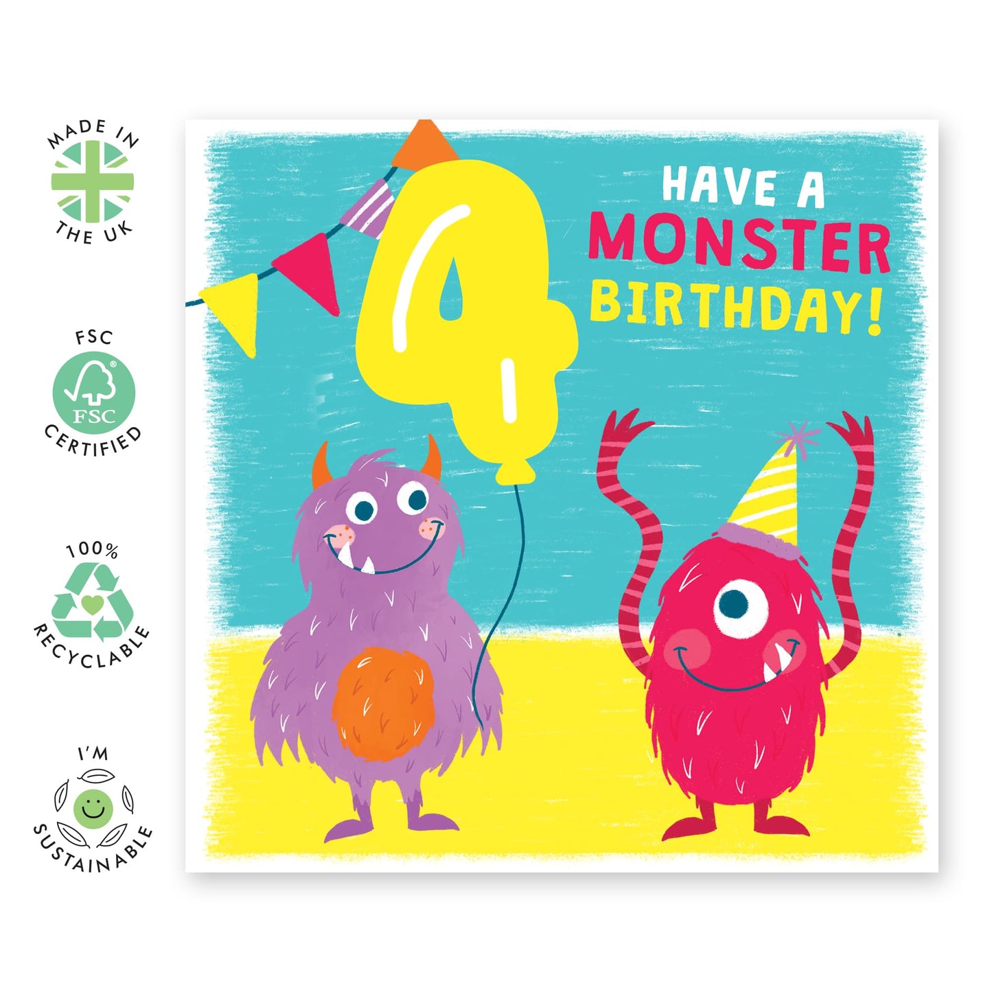 4th Birthday Card Boy Girls - Party Monsters - Happy Birthday Card For Kids - Forth Bday Milestone Gifts For Son Daughter Nephew Niece Grandson - Age Four - Comes With Stickers By Central 23