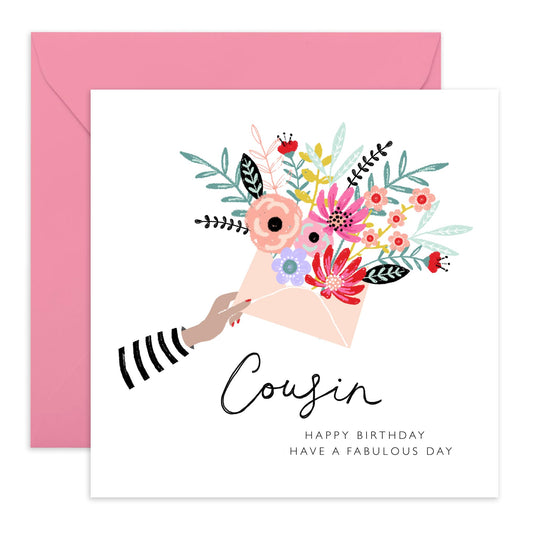 Floral Cards For Cousin - Birthday Card For Women - Flowers Envelope - Gifts For Her - Happy Birthday Greeting Cards For Ladies Female - Comes With Fun Stickers - By Central 23