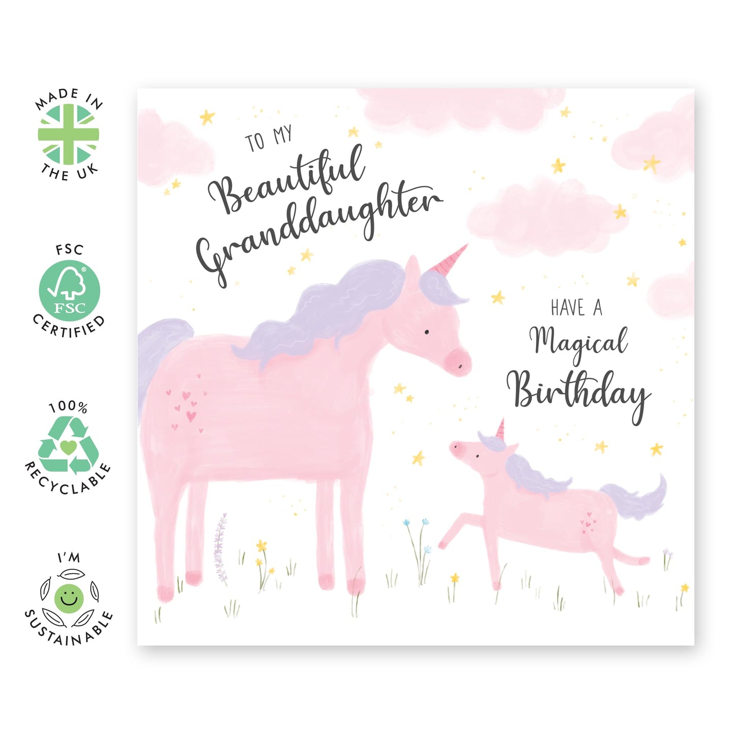 Magical Birthday Greeting Card - 'Unicorn Beautiful Granddaughter' - Gift for Girls, Granddaughters, Grandkids, Children, Baby From Grandmum, Grandmother - Cuteness - Comes with Fun Stickers