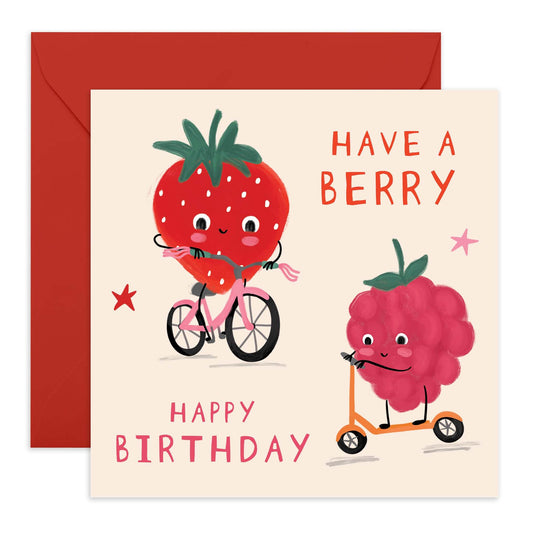 Strawberry Birthday Card - 'Berry Birthday' -Gifts for Nieces, Daughter, Children, Cousin, Girlfriend, Sis, Gals, Kids, Cousin- Bicycle Rides - Comes with Fun Stickers