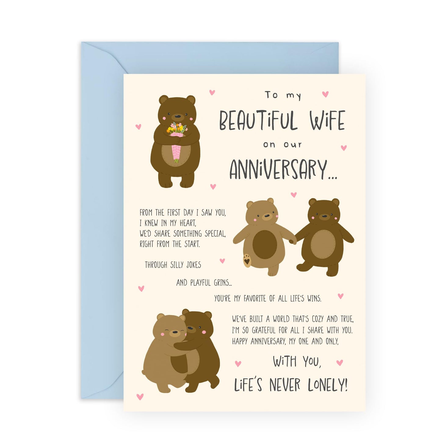 Romantic Anniversary Card with a Message - 'Bear Wife Anniversary' - Gifts for Beautiful Spouse, Married Couples, Other Half, Darling, Her, Mothers - Sweet Brown Bears - Comes with Fun Stickers