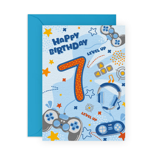 Boys Birthday Card Age Seven - Happy 7th Birthday Card - Gaming Birthday Card For Kids - Video Games - 7 Year Old - Gamer Gifts For Son Grandson Brother - Comes With Stickers - By Central 23