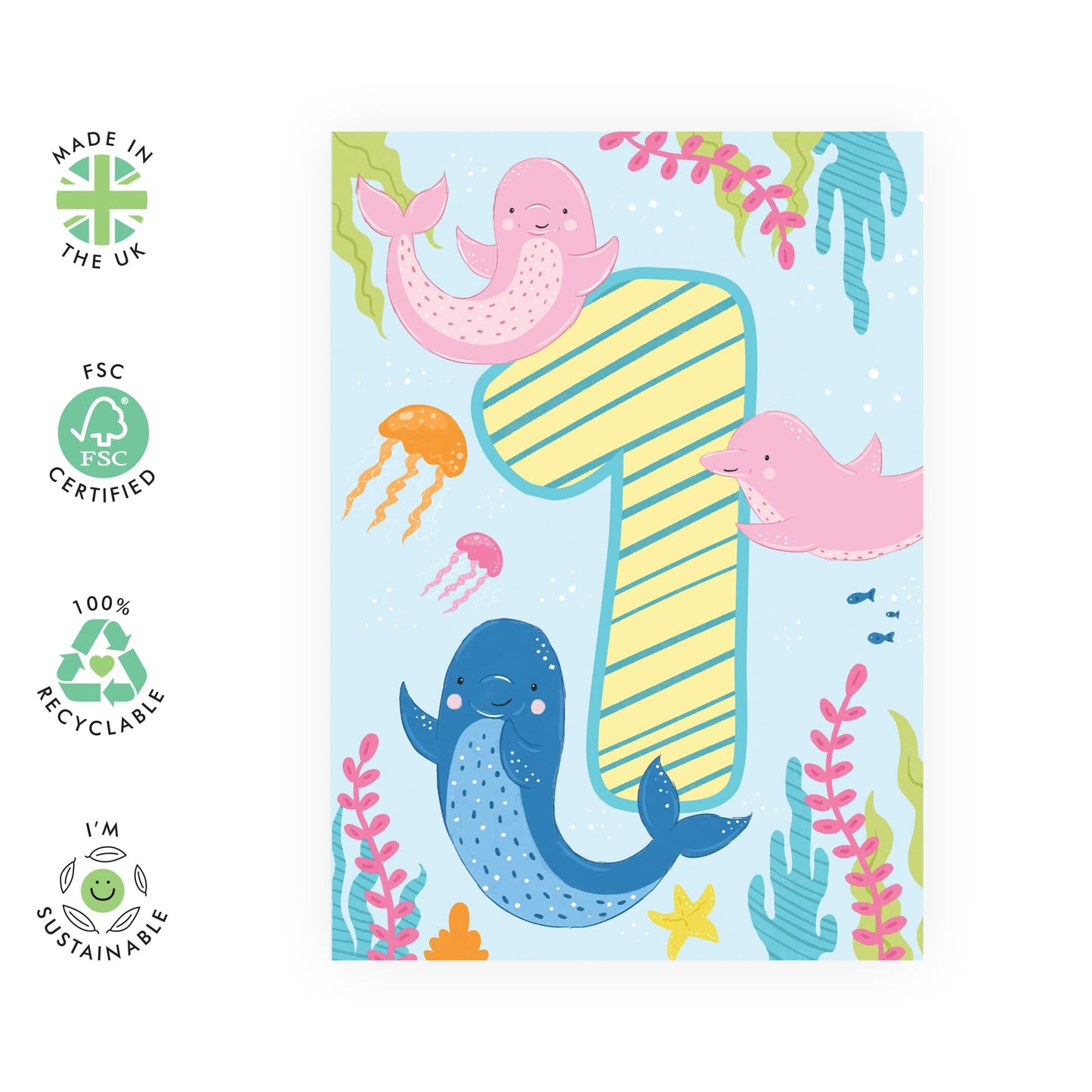 1st Birthday Card Girl Boy - Cute Dolphins Pink Blue Green - First Birthday Card - Milestone Baby Age Card - One Year Old Gifts For Kids - Comes With Fun Stickers By Central 23