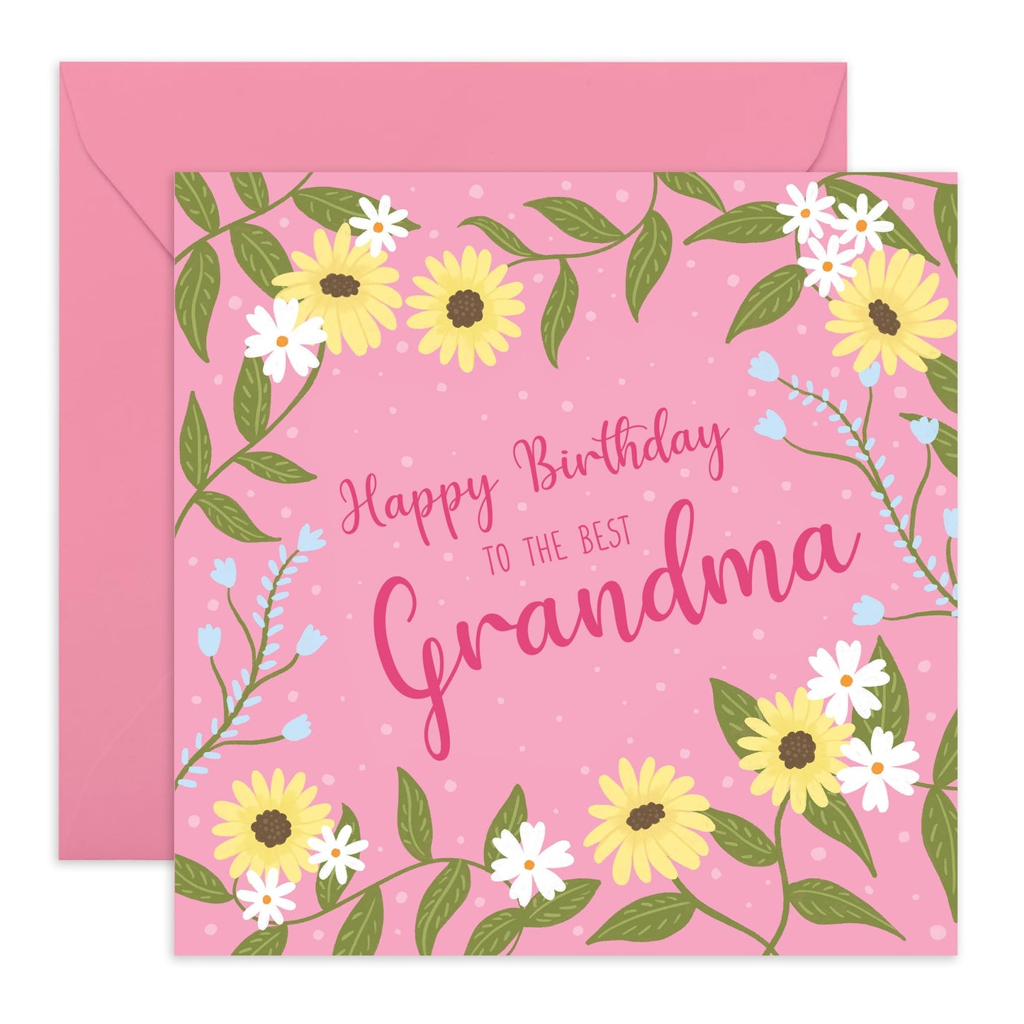 Sweet Birthday Card - 'Birthday Grandma' - Cute Gifts for Grand Parents, Nana, Grandmum from Grandkids, Children - Pink and Flowers - Comes with Fun Stickers