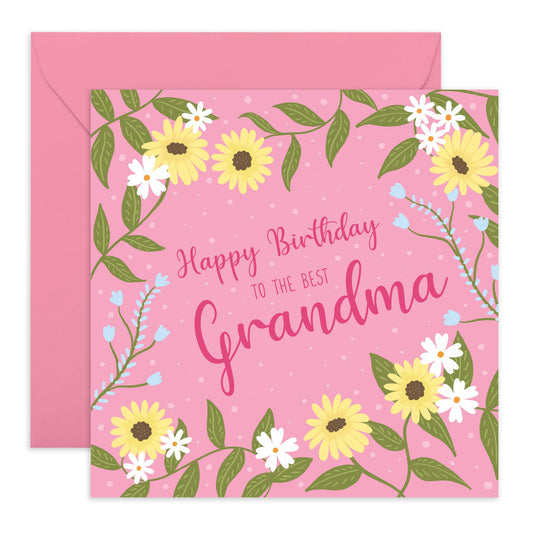 Sweet Birthday Card - 'Birthday Grandma' - Cute Gifts for Grand Parents, Nana, Grandmum from Grandkids, Children - Pink and Flowers - Comes with Fun Stickers