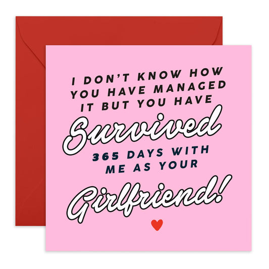 Funny Anniversary Day Card - '1 Year GF Pink' - Romantic Gifts for Boyfriend, Boyfie, Partner - Thanks for Staying - Comes with Fun Stickers