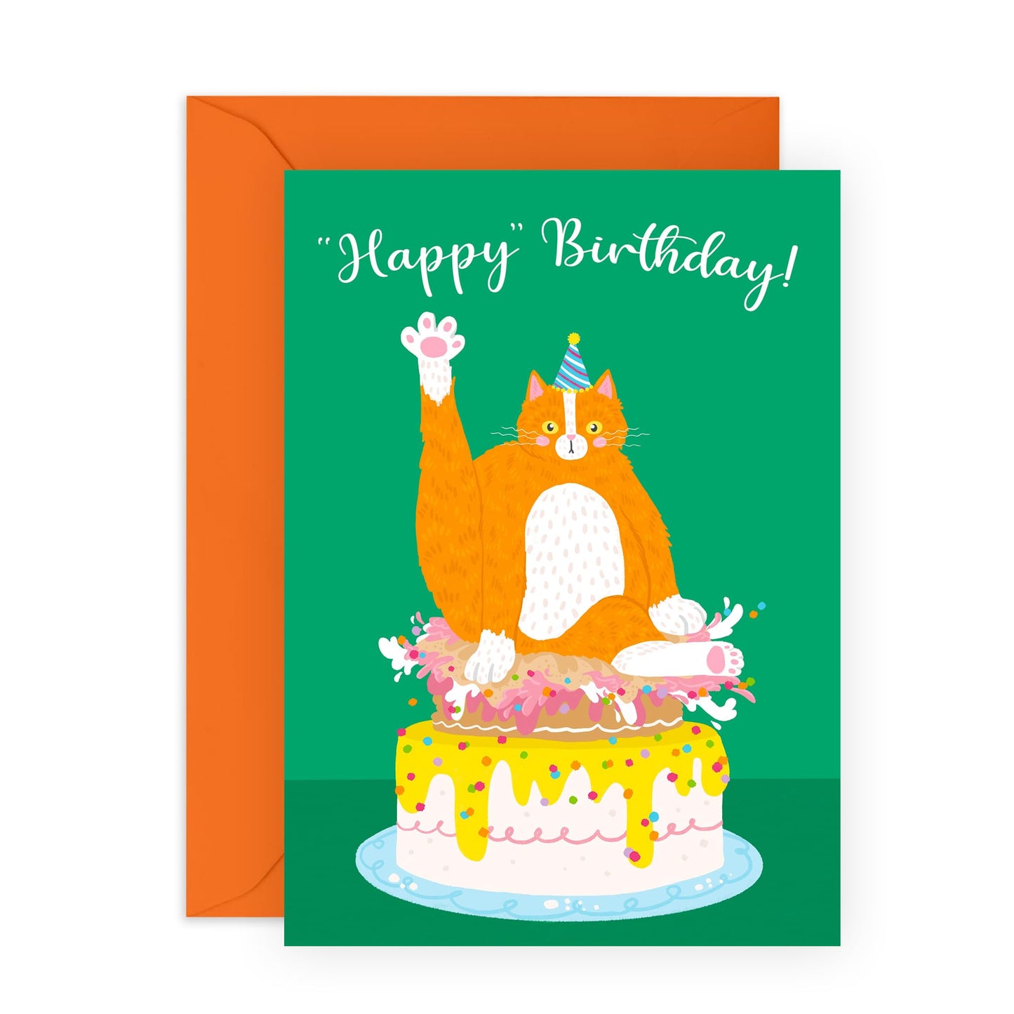 Happy Birthday Cards For Her Him - Happy Birthday Cat Squished Cake - Animal Greeting Card For Kids - Birthday Card For Men Women - Gifts For Brother Sister - Comes With Fun Stickers - By Central 23