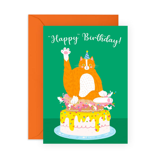 Happy Birthday Cards For Her Him - Happy Birthday Cat Squished Cake - Animal Greeting Card For Kids - Birthday Card For Men Women - Gifts For Brother Sister - Comes With Fun Stickers - By Central 23
