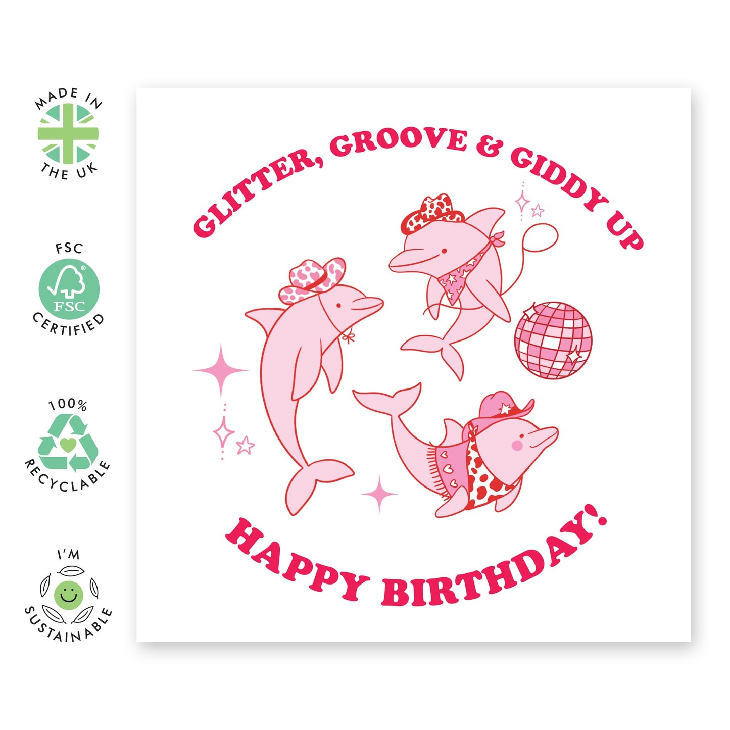 Cowgirl's Birthday Card – 'Glitter Groove & Giddy Up' Fun Disco Dolphins Design – Cute Gifts for Friends, Sister, Daughter, Children, Kids, and Animal Lovers - Comes with Fun Stickers