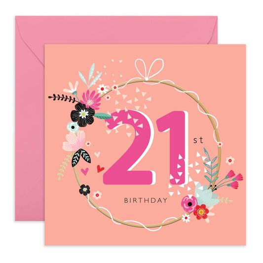 Floral Birthday Card For Her - 21st Circle Florals - Happy Twenty-first Birthday Card - Gifts For Daughter Niece - From Mum Dad - Happy 21st Birthday Cards - Comes With Fun Stickers By Central