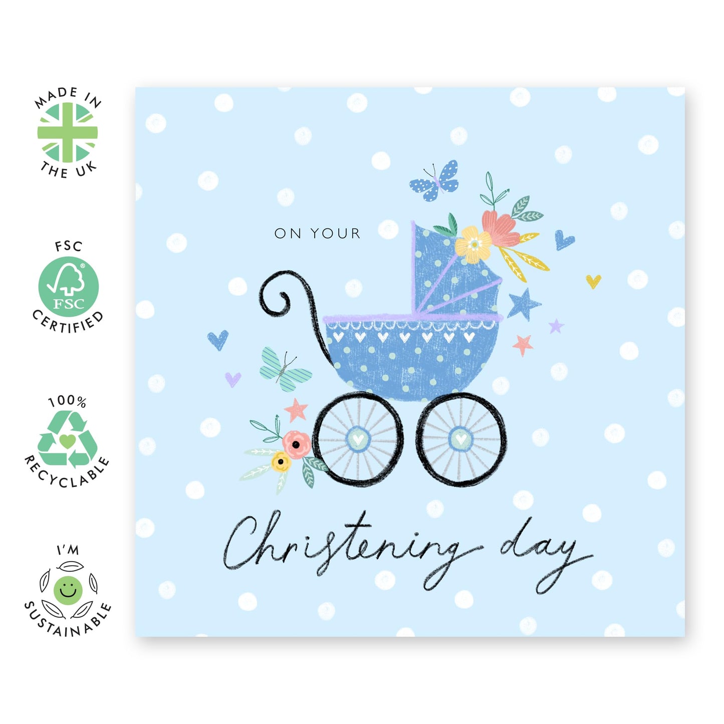 Christening Card For Baby Boy - On Your Christening Day Blue Pram - Baptismal Card For Nephew - Dedication Day Card For Baby - Grandson - Gift From Aunt Uncle - Comes With Fun Stickers By Central 23
