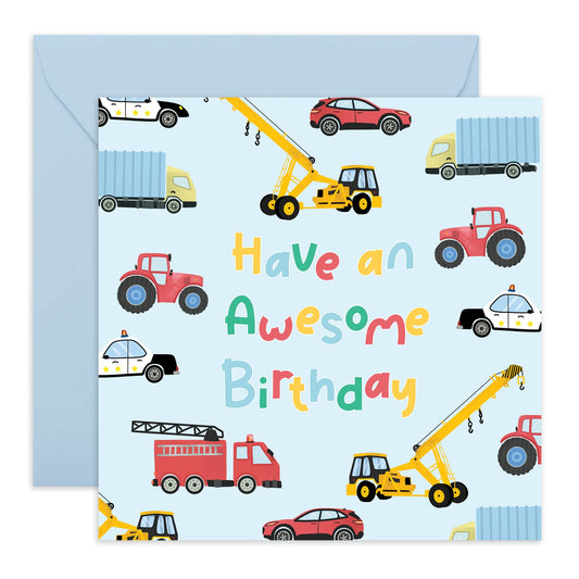 Cars Birthday Cards For Boy - 'Vehicle Awesome Birthday' - Birthdate Greeting Cards For Him - Happy Birthday Brother - Nephew - Comes With Stickers - By Central 23