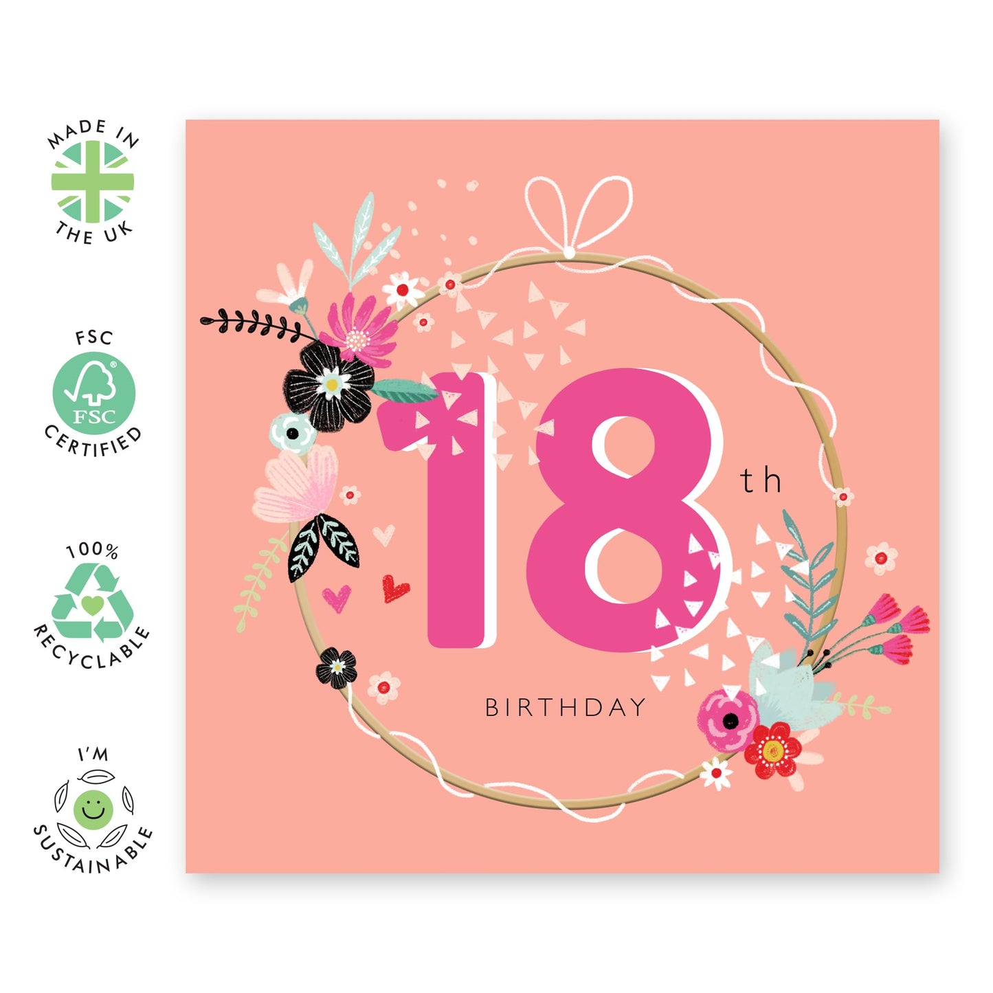 18th Birthday Card - 18 Birthday Wreath - Happy Eighteenth Birthday Cards - Birthday Card - 18 Year Old Gift - Gifts For Girls Niece Daughter - Floral Bday Card - Comes With Stickers By Central 23