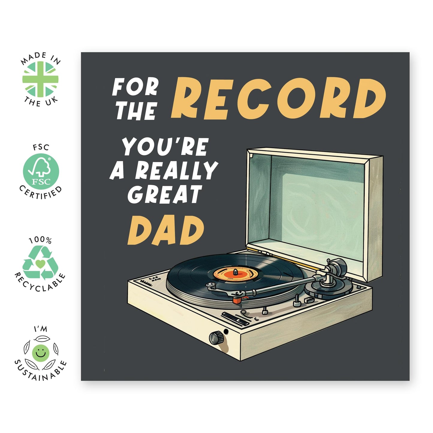Cool Fathers Day Card - 'For The Record Dad' - Creative Gifts for Dad, Daddy, Husband, Grandfather - Thanks Dad - Comes with Fun Stickers